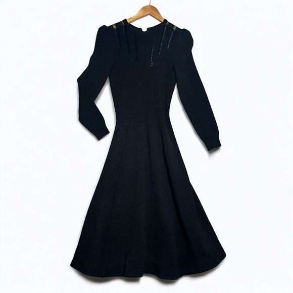 VTG St John Dress Size S Black Santana Knit Midi Dog Show Victorian Old Money - Picture 8 of 14